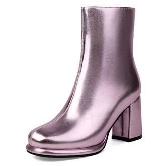 Generic Qynthra Womens High Block Heel Ankle Boots, 8cm Chunky Heel, Round Toe Side Zipper Short Boots, Fashion Style for Evening Outings & Party Wear,Pink,6.