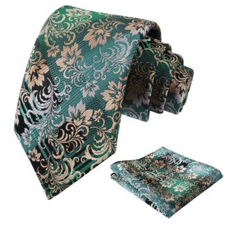 Alizeal Mens Gradient Floral Patterned Tie and Handkerchief Classic Retro for Wedding Party Casual Necktie Set, Green+Khaki