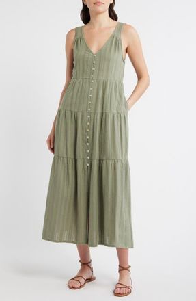 Marine Layer Corinne Tiered Sleeveless Cotton Midi Dress in Sage at Nordstrom, Size X-Large