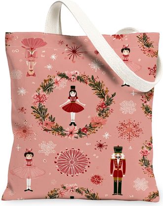 Generic Christmas Ballet Canvas Tote Bags, Floral Pattern Reusable Grocery Bags, Vintage Lightweight Washable Shoulder Strap for Ou, Peach, 13x15 Inch