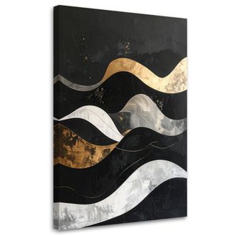 Feeby Cuadro En Lienzo, Abstracci&oacute;n Geom&eacute;trica Estilo Glamour Dorado Y Negro Con Ondas, 80x120