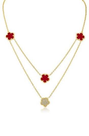 Kenneth Jay Lane Cubic Zirconia & Faux Coral Double Layered Clover Station Necklace in Red/Gold at Nordstrom Rack