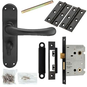 Loops Door Handle & Bathroom Lock Pack Matt Black Smooth Round Lever Turn Backplate
