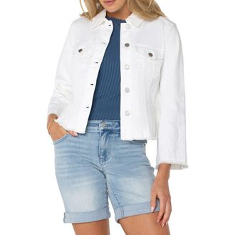 Liverpool L.A. Wide Sleeve Fray Hem Denim Trucker Jacket in Bright White Paisley at Nordstrom Rack, Size Large