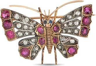 Luxury Bazaar Antique 14K Rose Gold and Silver 0.80ct Diamond and Ruby Butterfly Brooch MF01-051326