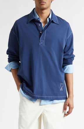 Ami Oversize Long Sleeve Polo in Encre at Nordstrom, Size X-Large