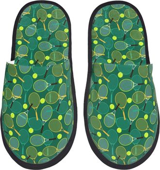 Generic Plush Slippers Green Tennis Rackets Balls Cute Lightweight Fuzzy Slippers Portable Anti-Slide Slipper For Home Winter Ladies L