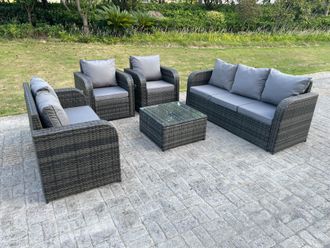 Fimous PE Rattan Garden Furniture Set Adjustable Chair Sofa Double Love Seat Lounge Set Square Coffee Table in Dark Grey