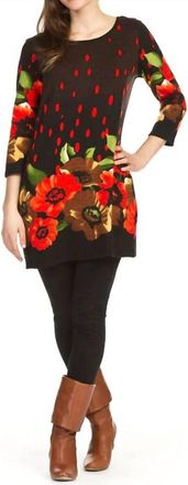 Papillon Floral Polka Dot Border Print 3/4 Sleeve Dress In Black