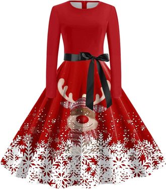 Generic Christmas Clothes for Women UK 1950s Audrey Hepburn Style Penguin Long Sleeve Crew Neck Vintage Dress Rockabilly Gnomes Midi Swing A Line Plaid Fancy 