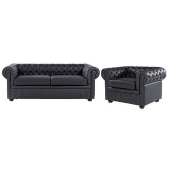 Beliani Conjunto De Sof&aacute;s Para Sal&oacute;n Chesterfield Tapizado En Cuero Negro Con Patas De Madera Oscura Sof&aacute; 3 Plazas Y Un Sill&oacute;n Chesterfield