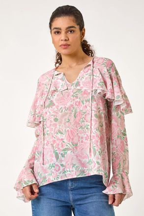Roman Floral Print Tie Front Top