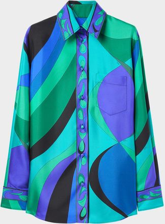 Pucci Pesci-Print Silk Twill Button-Down Blouse