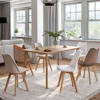 IDMarket Lote de 6 sillas escandinavas SARA beige y blancas con terciopelo patchwork marrón y beige