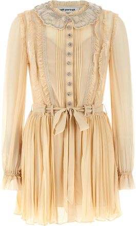 Self Portrait Tan Pleated Georgette Mini Gonne Giallo-Donna