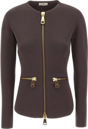 Elisabetta Franchi Dubbelgebreide Ritsvest - Dames - Vesten - Bruin - S - Leer - Truien & Vesten