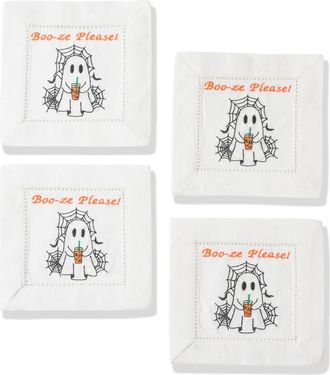 Tiramisu Boo-Ze Please Embroidered Linen Cocktail Napkins in White/Black/Orange at Nordstrom Rack