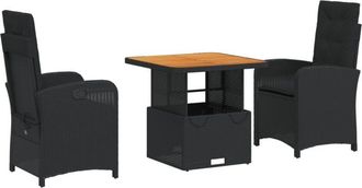 vidaXL Set Comedor De Jard&iacute;n 3 Pzas Con Cojines Rat&aacute;n Sint&eacute;tico Negro Vidaxl