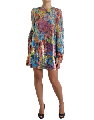 Dolce & Gabbana Womens Multicolor Floral Sequined Shift Mini Dress Polyester Silk