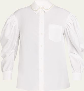Simone Rocha Pearly-Collar Draped-Sleeve Cotton Button-Down Shirt