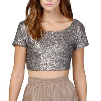 Generic Sequin Tops for Women UK Short Sleeve Sparkly Crop Top Sequined Tunic Tops Crew Neck Evening Glitter Pullover Tops Sequins Shimmer Blouses Wraped Shir