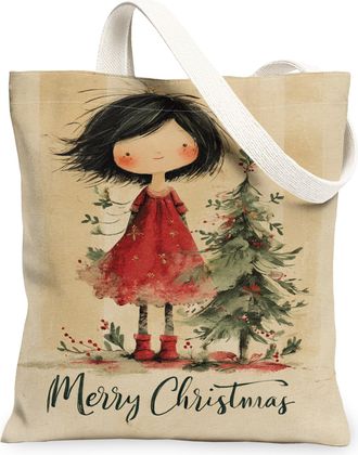 Generic Christmas Tree Vintage Fanciful Canvas Tote Bags, Holiday Plant Pattern Reusable Bags, Lightweight Washable Canvas for Trav, Beige, 13x15 Inch
