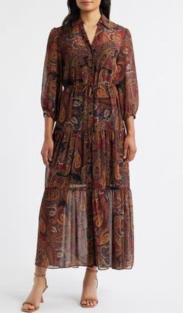 Julia Jordan Paisley Tiered Dress in Burgundy Multi at Nordstrom Rack, Size 10