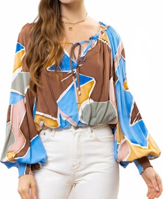 Blu Pepper Womens Abstraite Peasant Abstract Long Sleeve Blouse In Blue And Gold Multi