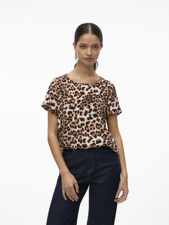 Vero Moda Blusenshirt VERO MODA VMEASY JOY S/S TOP WVN GA, Damen, Gr. S, tan aop:leo, Web, Obermaterial: 100% Viskose, bedruckt, regular fit, Rundhals, Shirts B