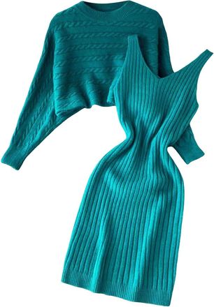Generic Skirts Set Women Casual Knitted Dress Two Piece Suit Pullover Top and Dress Bodycon 2 Piece Set Jumper Midi Dress Knitted Dress Set (Green, One Size)