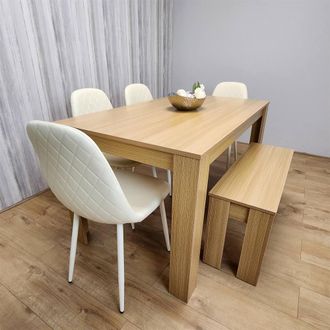Kosy Koala 6 Seater Light Wood Dining Table Set 4 Cream Plastic Chairs & Bench in Brown