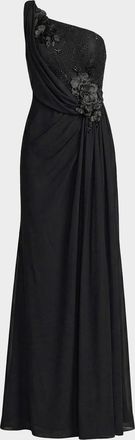 Mac Duggal Draped One-Shoulder Beaded Jersey Gown