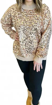 She + Sky Glimmer Sequin Long Sleeve Sweater In Gold