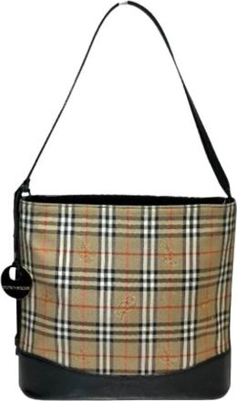 Burberry Pre-owned Check Leather Canvas Shoulder Bag - Dames - Vintage Tas - Beige - ONE Size - Leer - Vintage