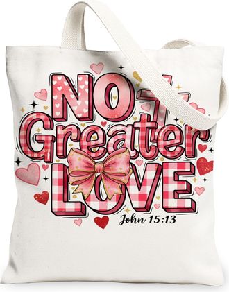 Generic Romantic Hearts Canvas Tote Bags, Cute Bow Pattern Reusable Grocery Bags, ValentineS Day Lightweight Washable Shoulder Str, White, 13x15 Inch