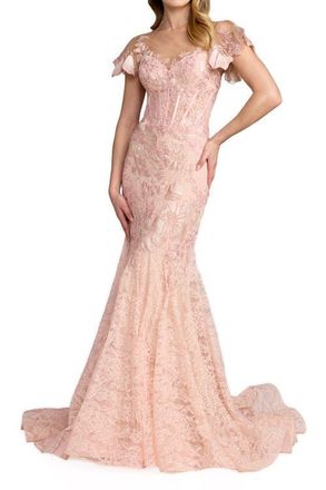Mac Duggal Embroidered Lace Trumpet Gown with Flutter Sleeves in Blush at Nordstrom, Size 10