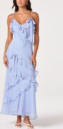 ASTR the Label Amiya Ruffle Maxi Dress in Blue Polka Dot at Nordstrom, Size Large