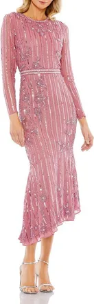 Mac Duggal Hand Embellished Asymmetrical Long Sleeve Midi Dress in Rosewood at Nordstrom, Size 20