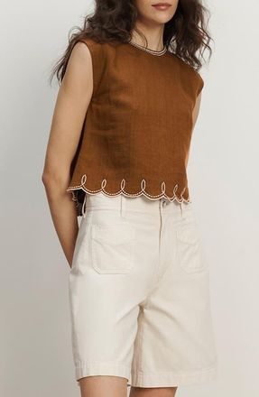 Veronica Beard Kessan Embroidered Crop Linen Top in Deep Ochre at Nordstrom, Size 14