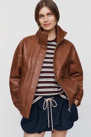 Maeve Leather Funnel Neck Jacket