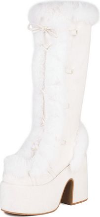 Generic Eestfy Womens Retro Platform Knee High Boots Suede Faux Fur Trim Chunky Heel Side Zip Winter Style for Cold Days Streetwear Outdoor Activities,White,6