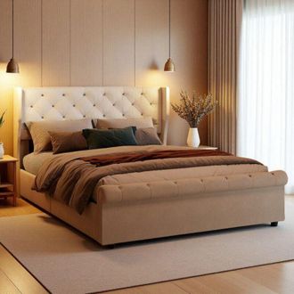 OEM Cama Doble 140x190 - Terciopelo Beige - Cabecera C&oacute;moda - Almacenamiento Hidr&aacute;ulico - L&aacute;mparas Usb Integradas