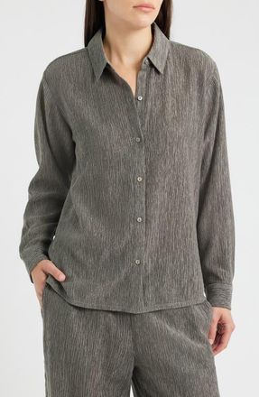 Eileen Fisher Classic Pliss&eacute; Button-Up Shirt in Twine at Nordstrom, Size Xx-Small