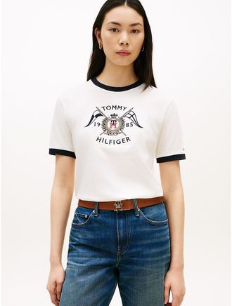 Tommy Hilfiger Womens Nautical Crest Logo Ringer T-Shirt - White - XXL