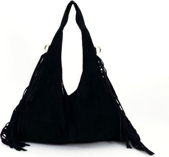 Generic Suede Hobo Bag with Fringe Detail, Large Slouchy Shoulder Handbag, Fashion Grab Bag with Side Tassels VPS15 (Black)