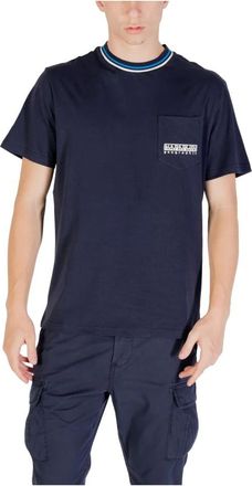 Napapijri Tops, Heren, Blauw, S, Katoen, Blauw Print Ronde Hals T-shirt met Zak
