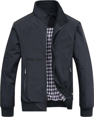 Generic Mens Jacket Checked Lined Bomber Jacket Llightweight Sport Coat Stand Collar Work Business Casual Coat Outdoor Jacket Thin Sportwear Long Sleeve Tops 
