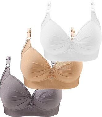 Generic New 3PCS Non Wired Bras for Women Plus Size Solid Color Three-Breasted Thin Lace Comfortable Breathable Underwear Brater Buckle Female Bra Deep V Neck