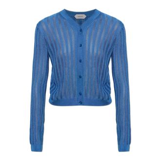 Versace Truien & Vesten, Dames, Blauw, XS, Leer, Viscose Mesh Ribbed Knit Cardigan