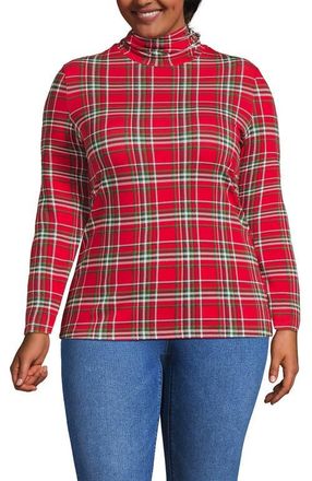 Lands End Plus Size Lightweight Jersey Long Sleeve Turtleneck in Compass Red/emerald Plaid at Nordstrom, Size 2X